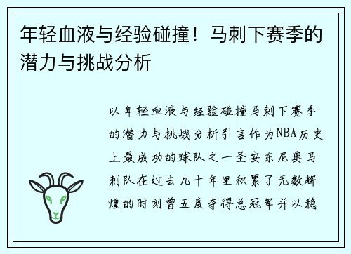 年轻血液与经验碰撞！马刺下赛季的潜力与挑战分析