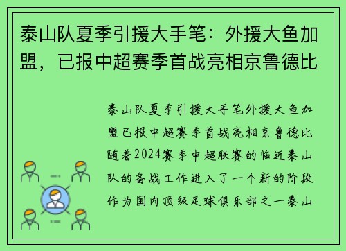 泰山队夏季引援大手笔：外援大鱼加盟，已报中超赛季首战亮相京鲁德比