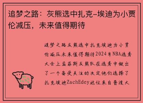 追梦之路：灰熊选中扎克-埃迪为小贾伦减压，未来值得期待
