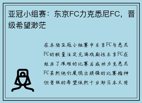 亚冠小组赛：东京FC力克悉尼FC，晋级希望渺茫