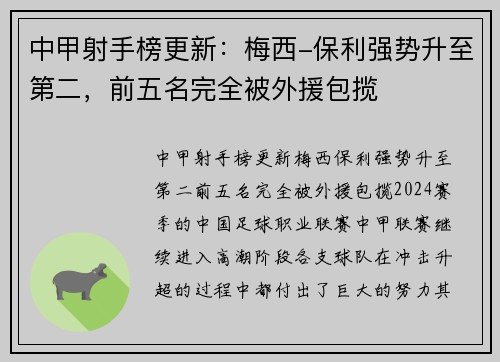 中甲射手榜更新：梅西-保利强势升至第二，前五名完全被外援包揽