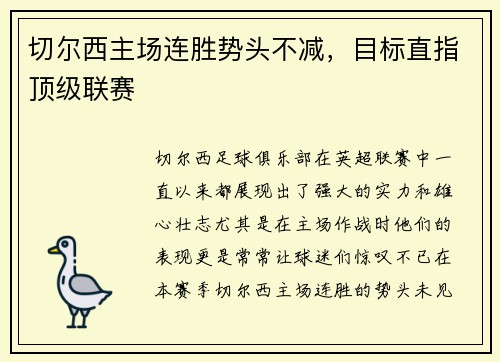 切尔西主场连胜势头不减，目标直指顶级联赛