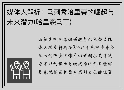 媒体人解析：马刺秀哈里森的崛起与未来潜力(哈里森马丁)