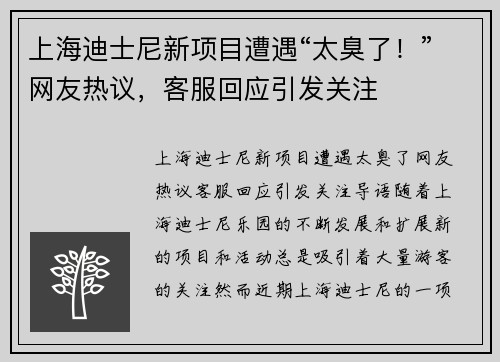 上海迪士尼新项目遭遇“太臭了！”网友热议，客服回应引发关注
